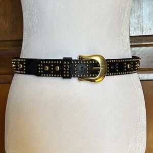 Motion East Small Genuine Leather Belt Black Studded Gold Tone